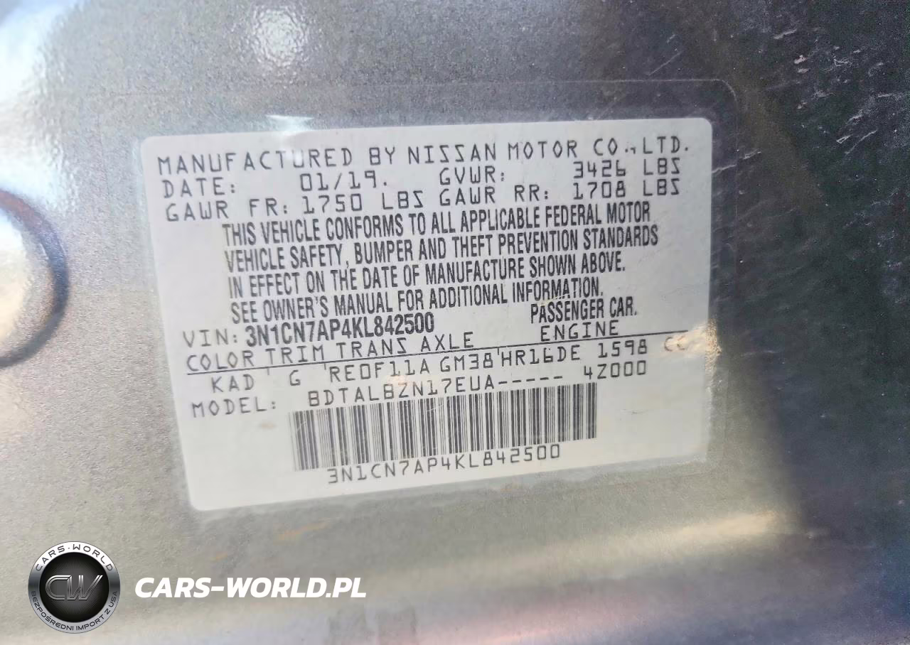 2019 Nissan Versa Sv VIN:3N1CN7AP4KL842500 - 12