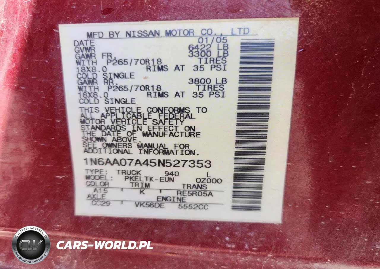 2005 Nissan Titan Xe VIN:1N6AA07A45N527353 - 13