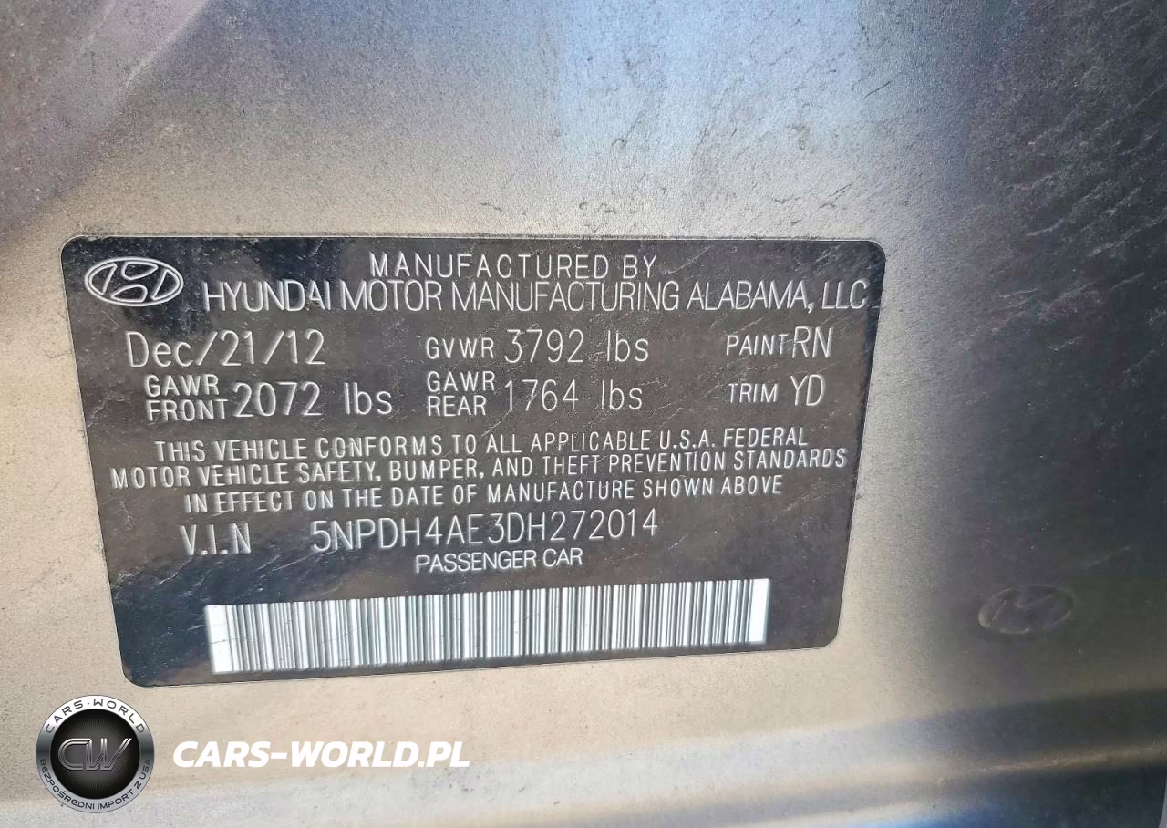 2013 Hyundai Elantra Gls VIN:5NPDH4AE3DH272014 - 12