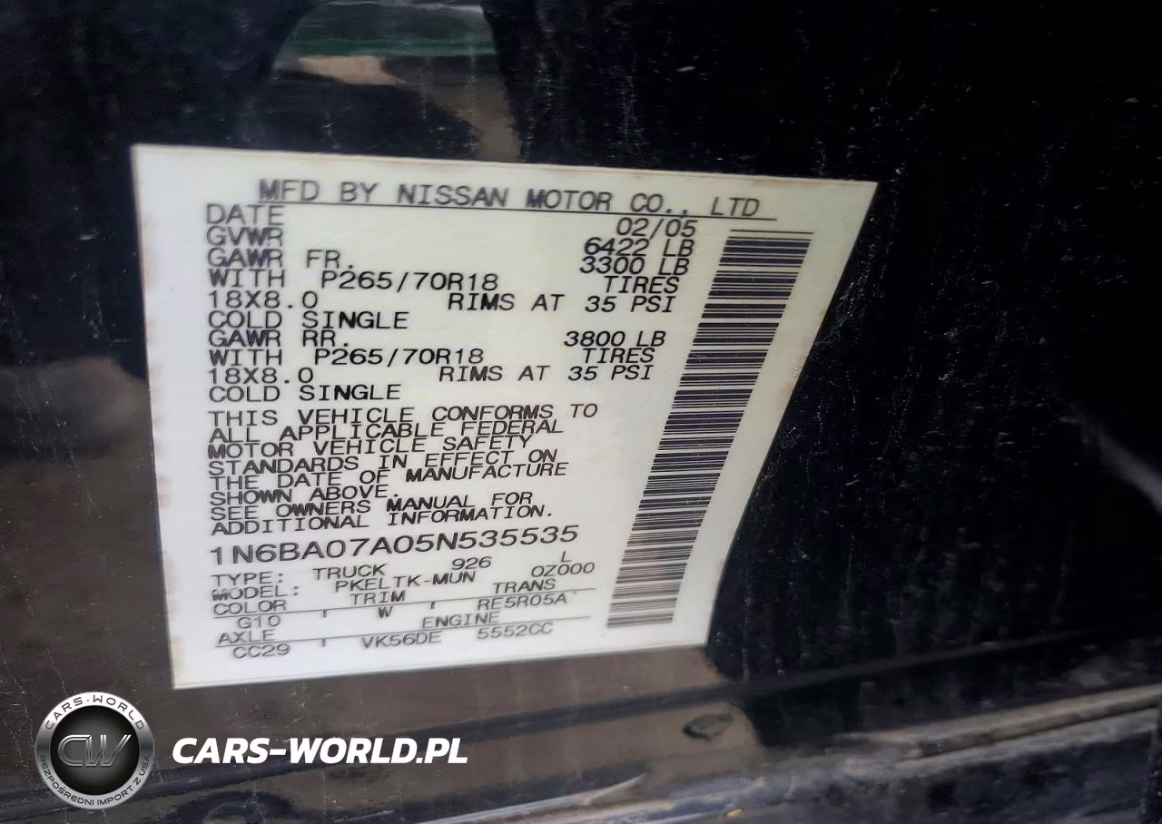 2005 Nissan Titan Xe VIN:1N6BA07A05N535535 - 12