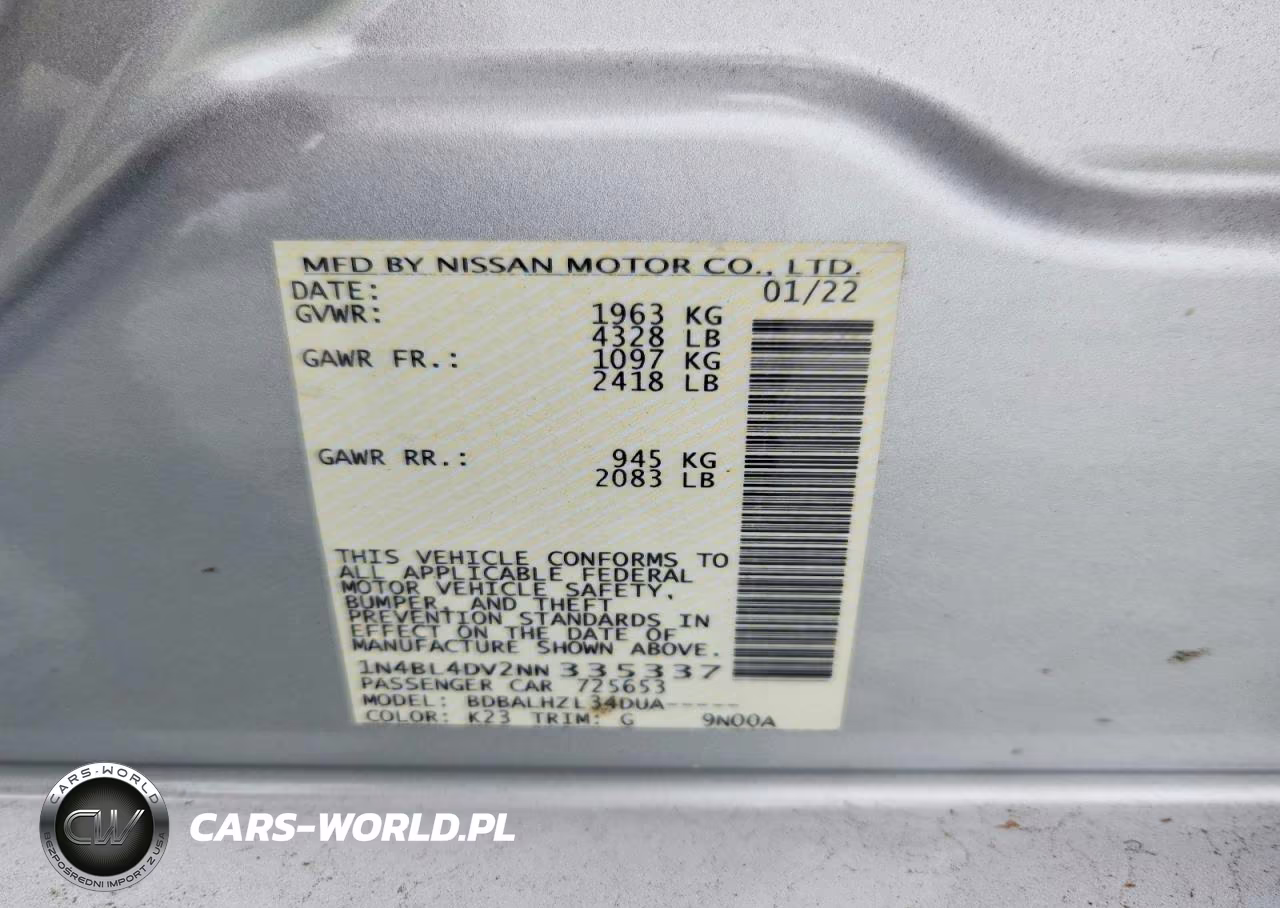 2022 Nissan Altima Sv VIN:1N4BL4DV2NN335337 - 12
