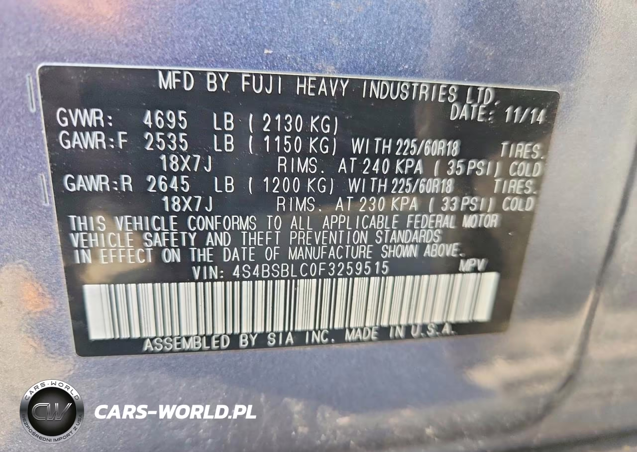 2015 Subaru Outback 2.5I Limited VIN:4S4BSBLC0F3259515 - 12
