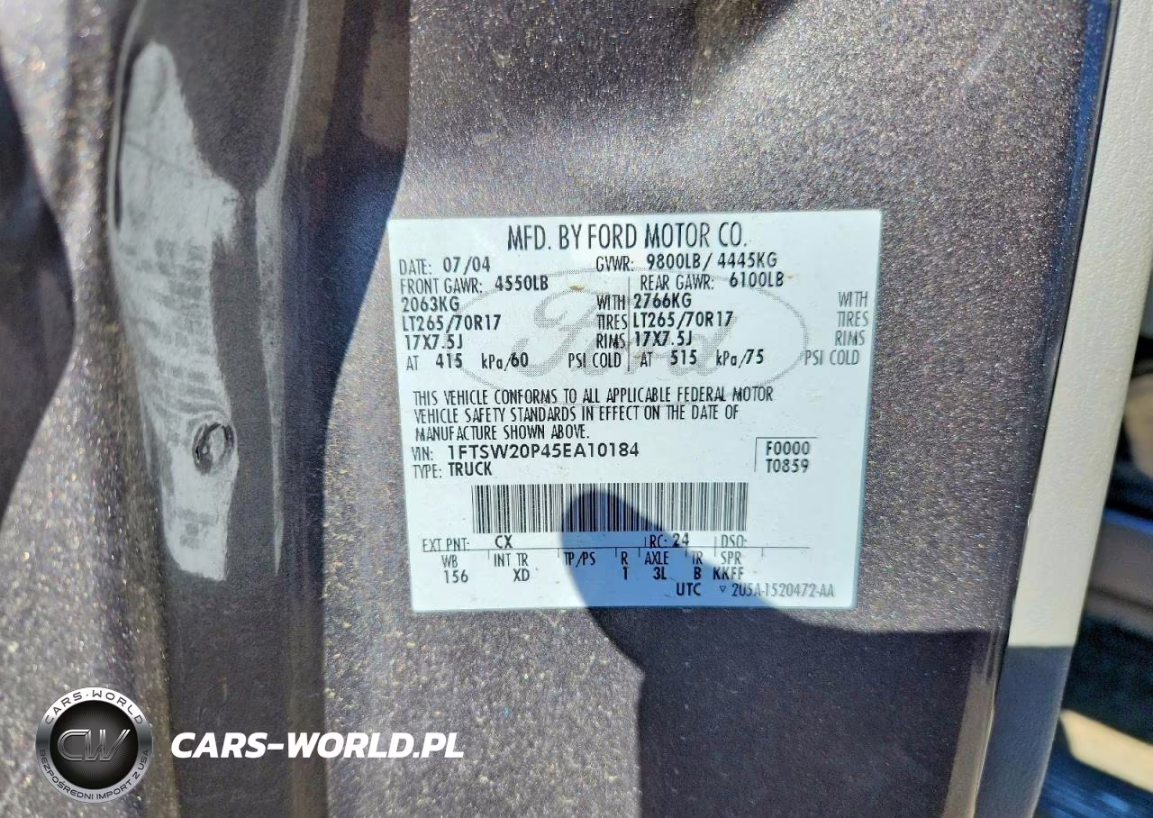 2005 Ford F250 Super Duty VIN:1FTSW20P45EA10184 - 12