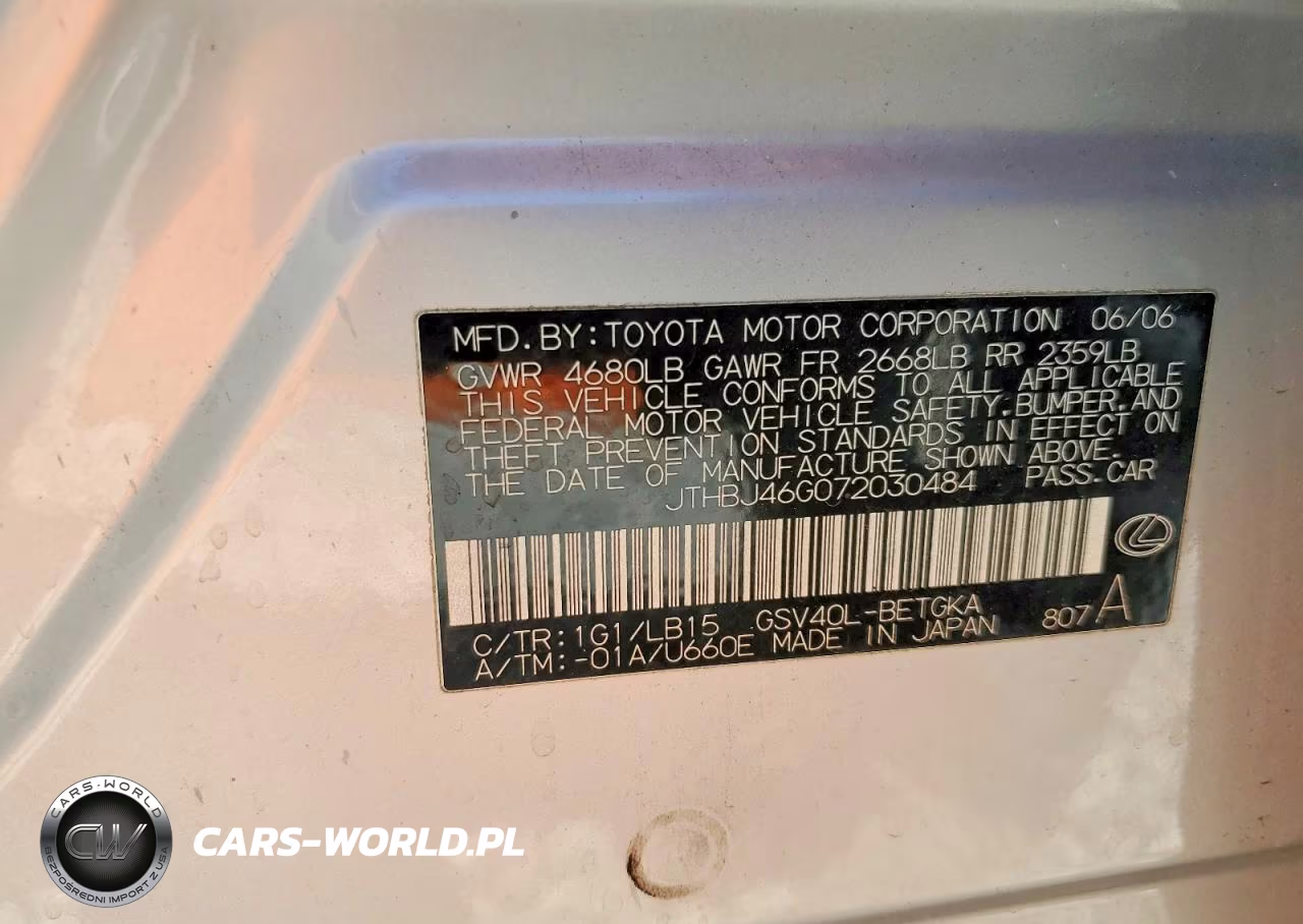 2007 Lexus Es 350 VIN:JTHBJ46G072030484 - 13