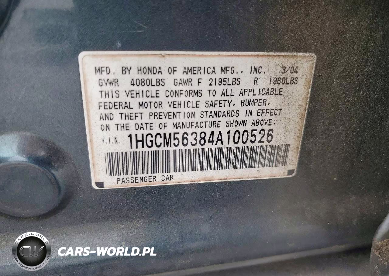 2004 Honda Accord Lx VIN:1HGCM56384A100526 - 12