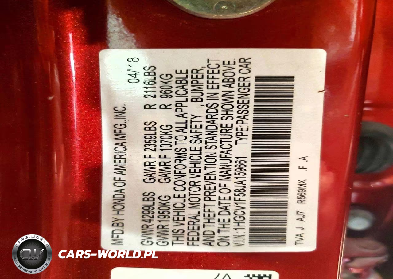 2018 Honda Accord Exl VIN:1HGCV1F58JA159661 - 13