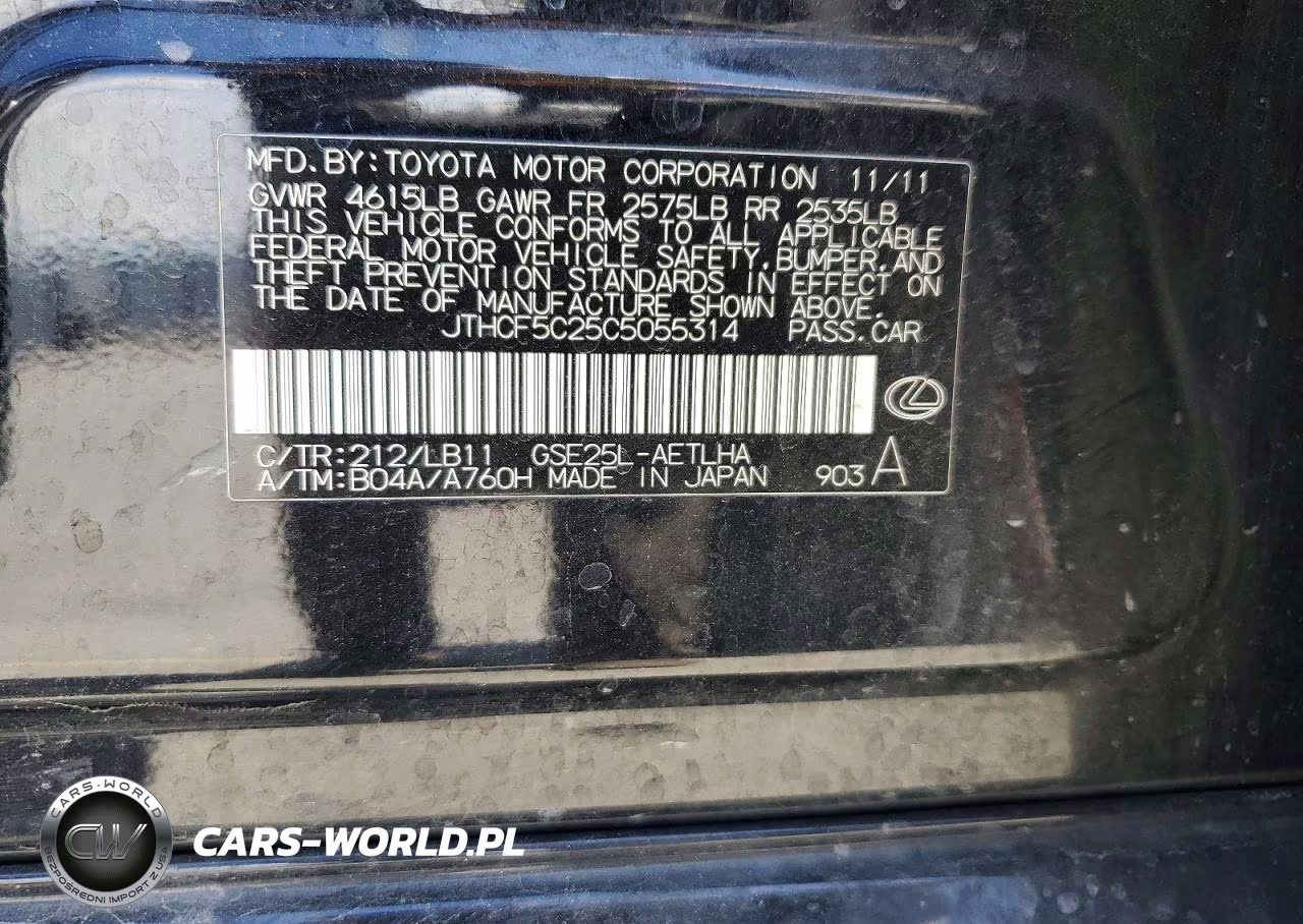 2012 Lexus Is 250 VIN:JTHCF5C25C5055314 - 12