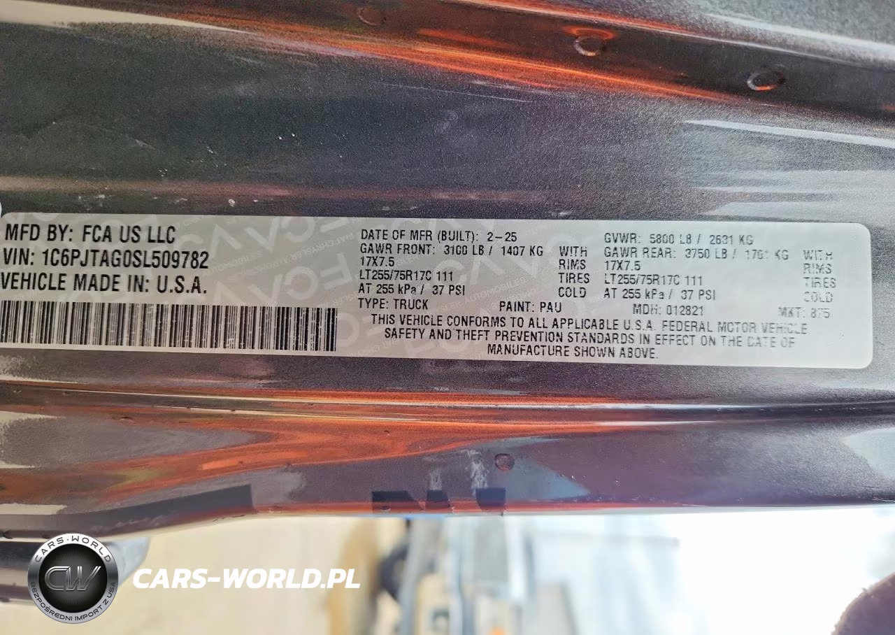 2025 Jeep Gladiator Sport VIN:1C6PJTAG0SL509782 - 12
