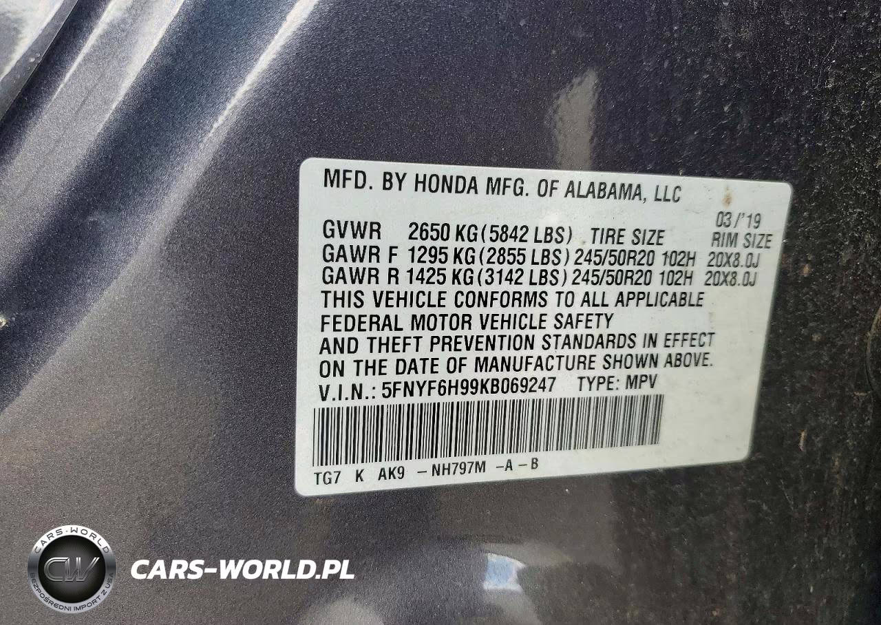 2019 Honda Pilot Touring VIN:5FNYF6H99KB069247 - 13