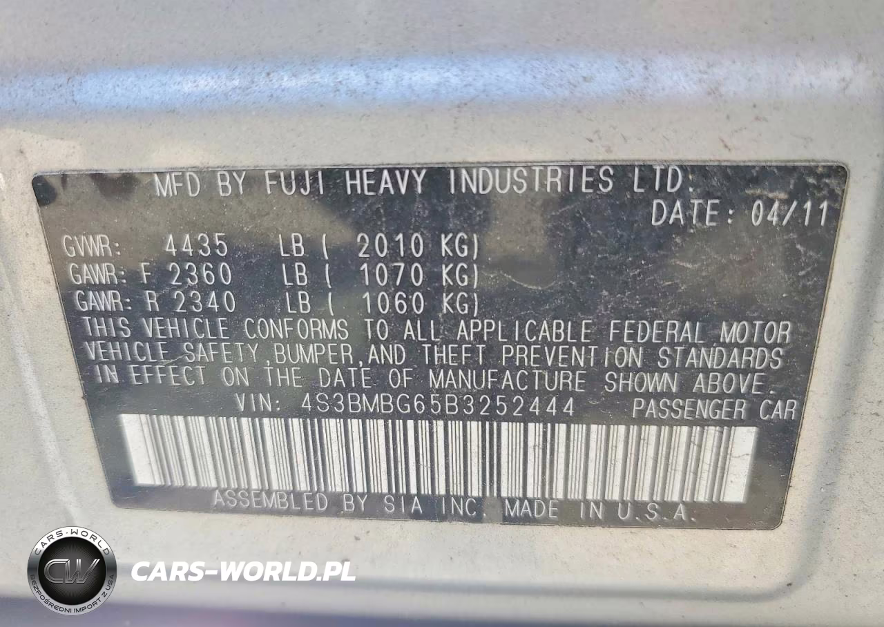 2011 Subaru Legacy 2.5I Premium VIN:4S3BMBG65B3252444 - 12