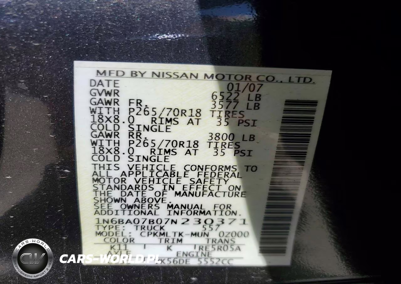 2007 Nissan Titan Xe Ffv VIN:1N6BA07B07N230371 - 12