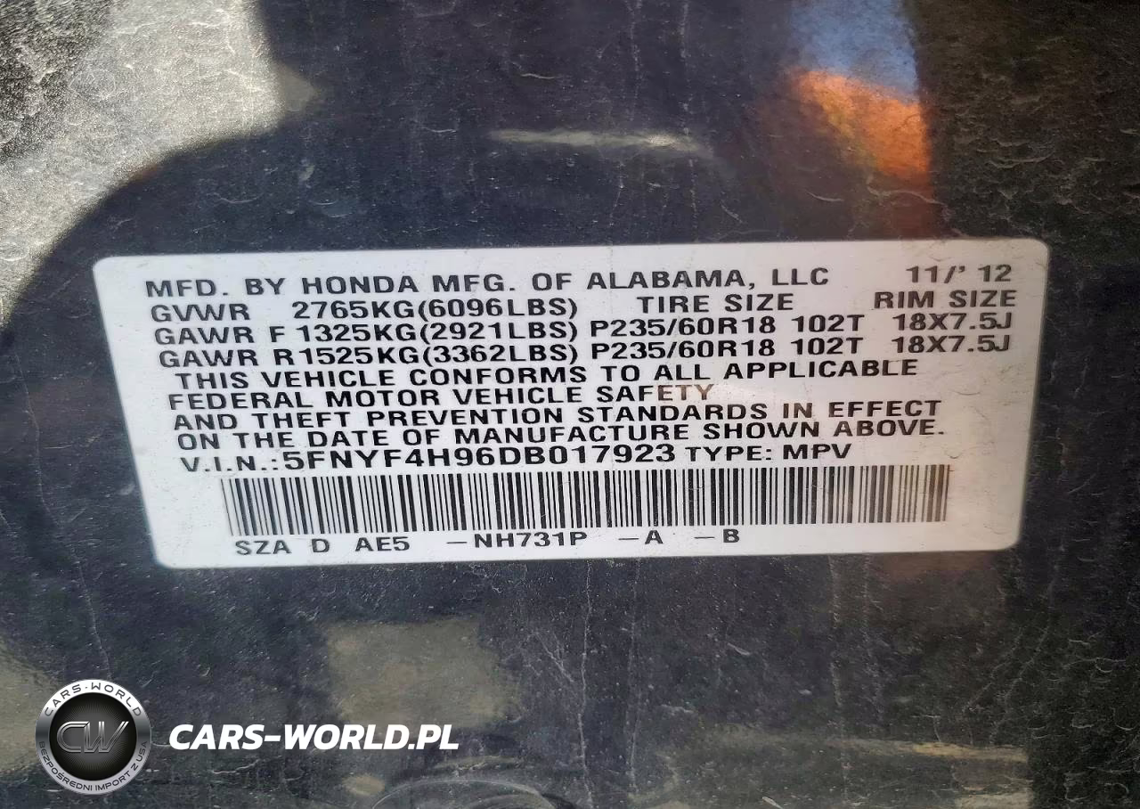 2013 Honda Pilot Touring VIN:5FNYF4H96DB017923 - 13