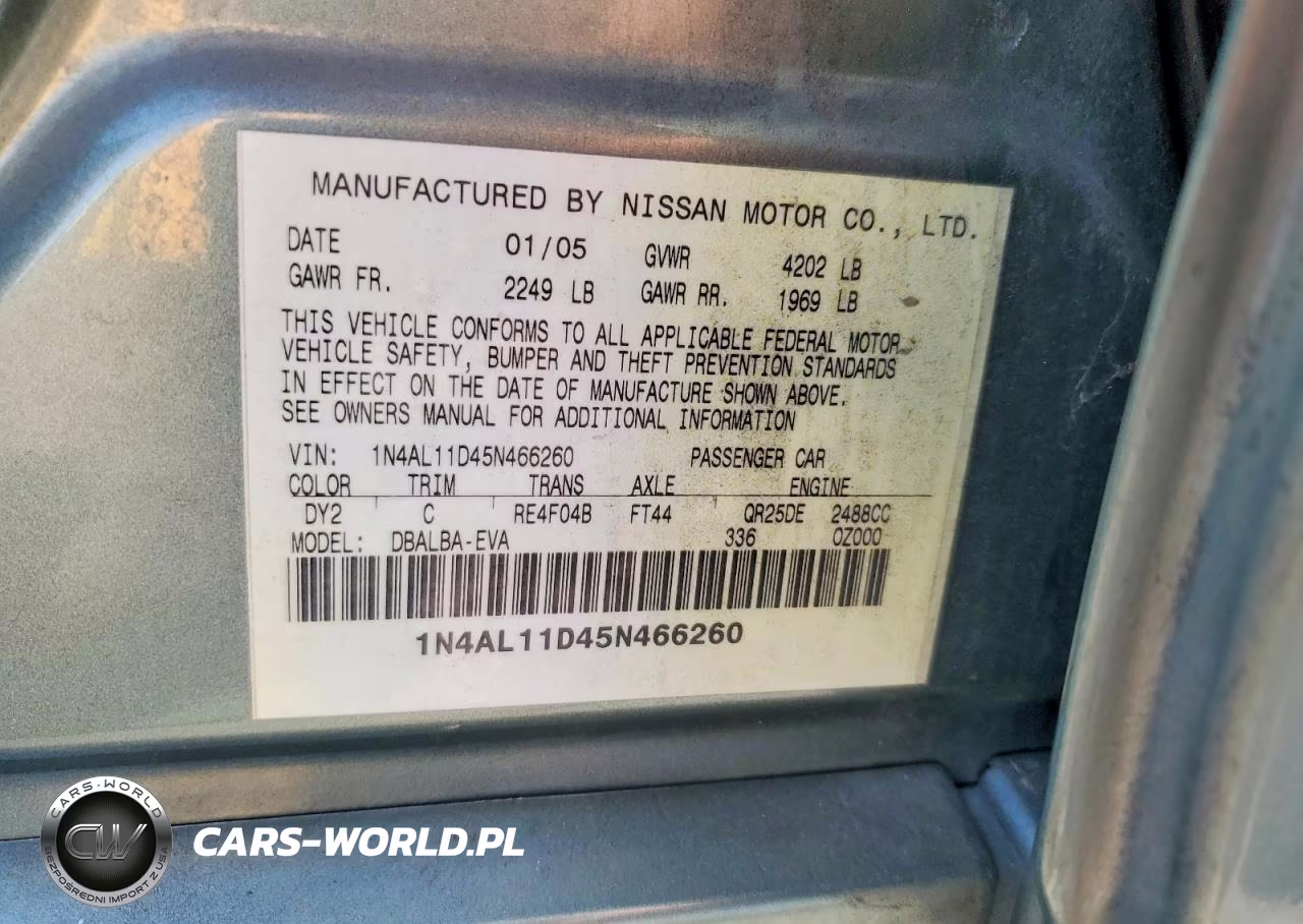 2005 Nissan Altima 2.5 VIN:1N4AL11D45N466260 - 12
