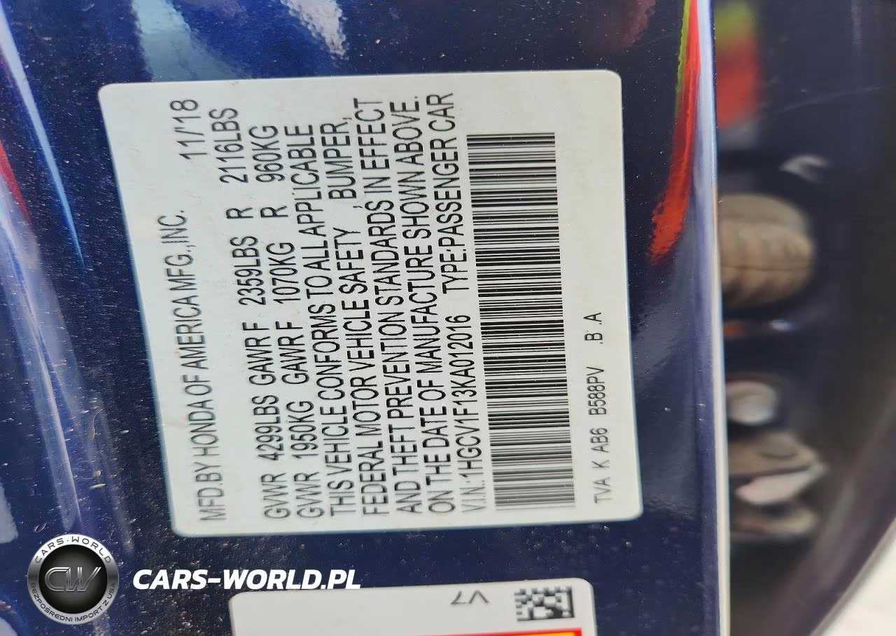 2019 Honda Accord Lx VIN:1HGCV1F13KA012016 - 13
