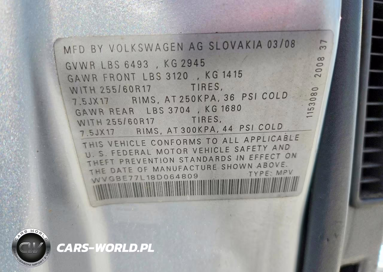 2008 Volkswagen Touareg 2 V6 VIN:WVGBE77L18D064809 - 13