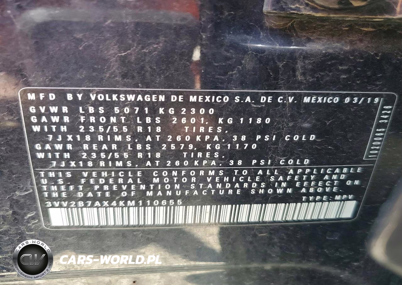 2019 Volkswagen Tiguan VIN:3VV2B7AX4KM110655 - 13