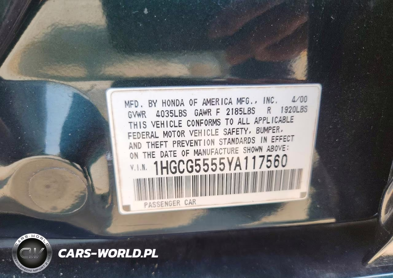 2000 Honda Accord Ex VIN:1HGCG5555YA117560 - 12