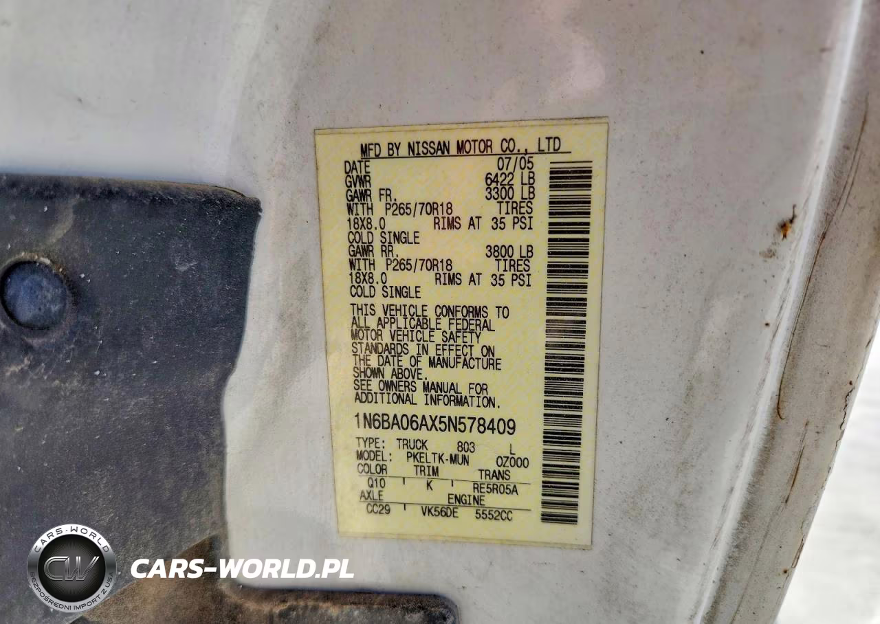 2005 Nissan Titan Xe VIN:1N6BA06AX5N578409 - 13