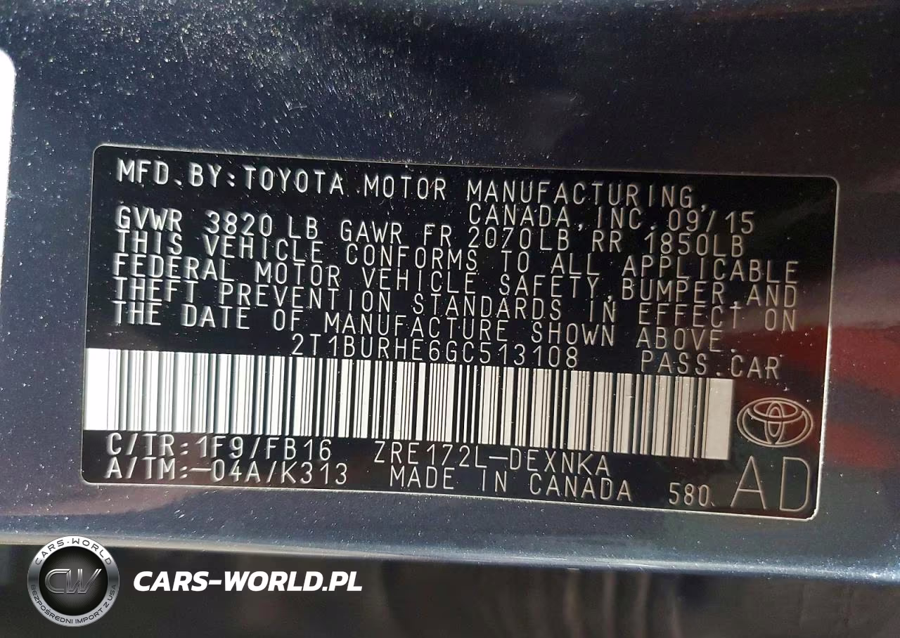 2016 Toyota Corolla Le VIN:2T1BURHE6GC513108 - 12