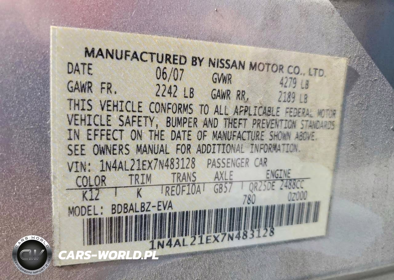 2007 Nissan Altima 2.5 VIN:1N4AL21EX7N483128 - 12