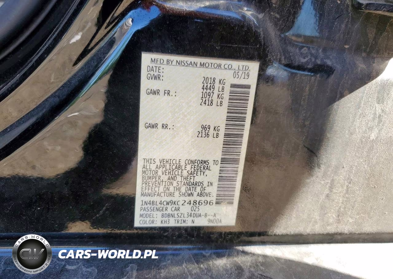 2019 Nissan Altima Sr VIN:1N4BL4CW9KC248696 - 12