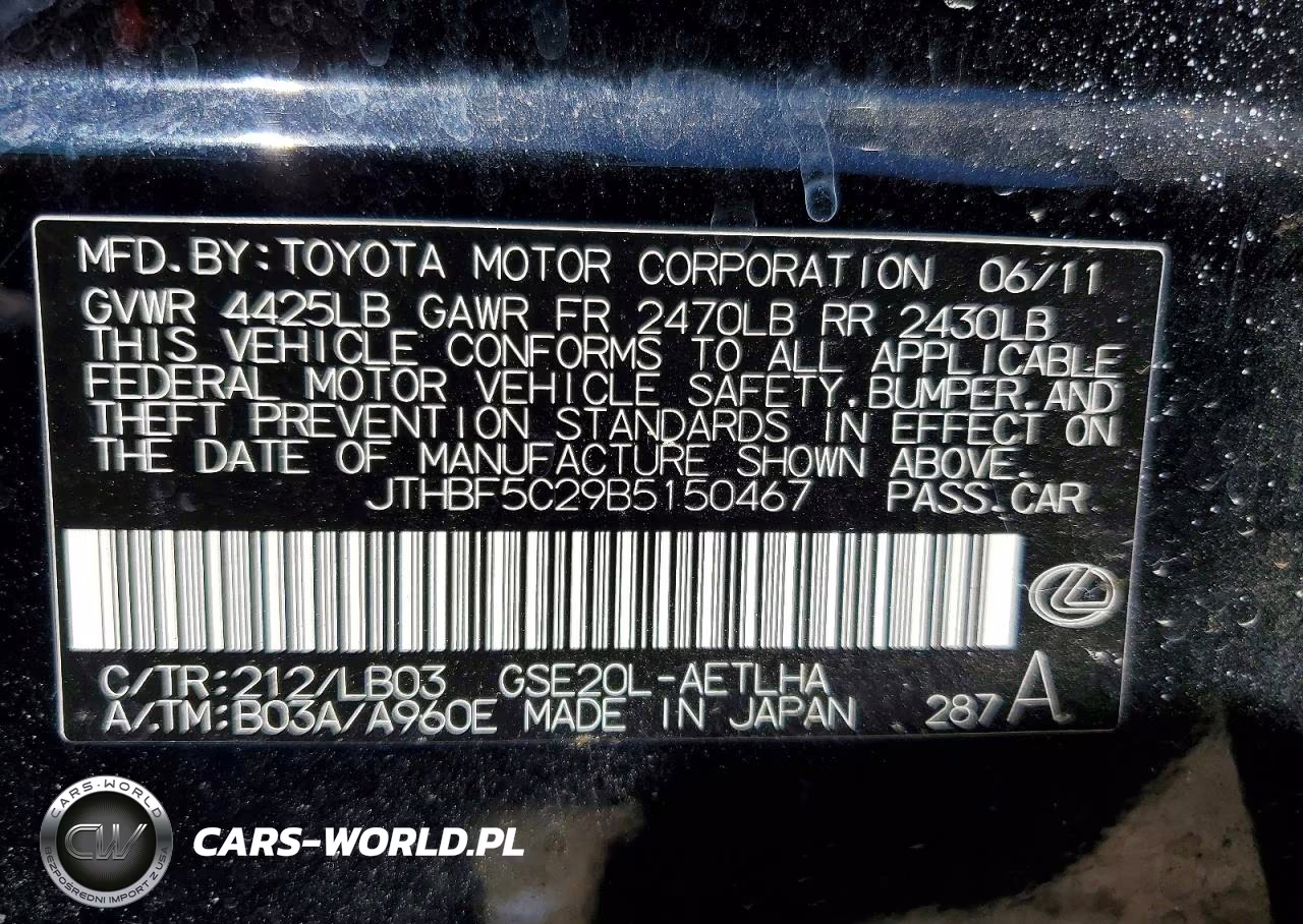 2011 Lexus Is 250 VIN:JTHBF5C29B5150467 - 12