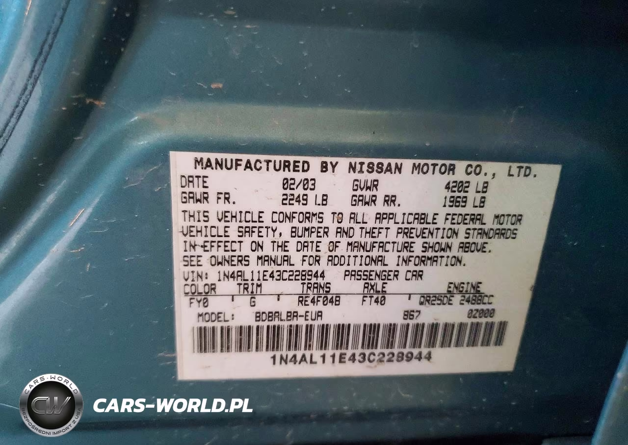 2003 Nissan Altima 2.5 S VIN:1N4AL11E43C228944 - 12
