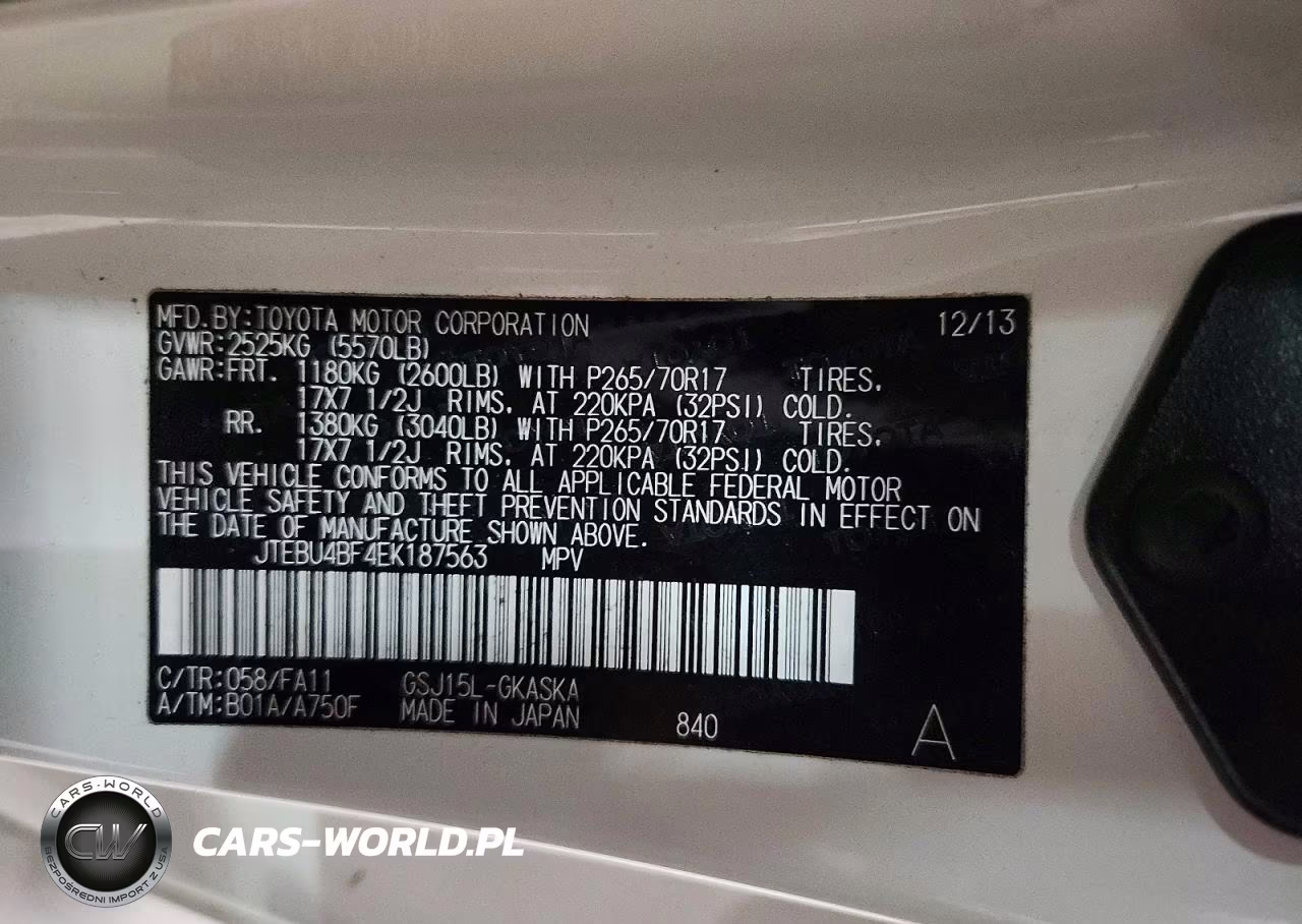 2014 Toyota Fj Cruiser Base VIN:JTEBU4BF4EK187563 - 13