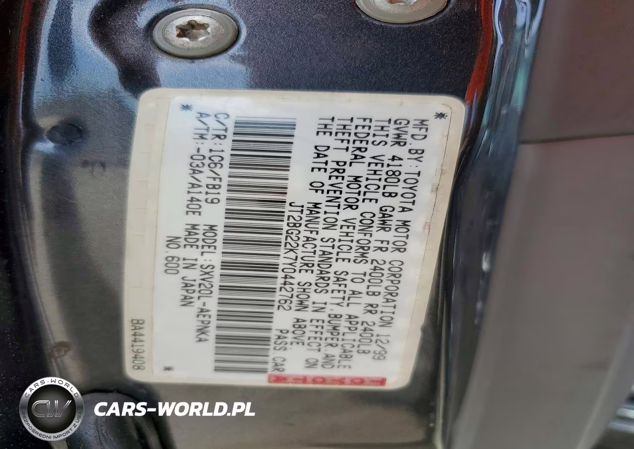 2000 Toyota Camry Le VIN:JT2BG22K7Y0442762 - 12