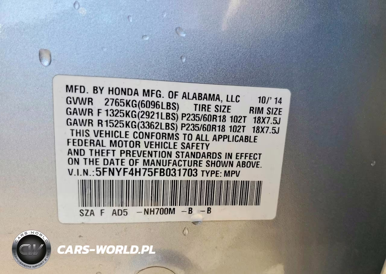 2015 Honda Pilot Exln VIN:5FNYF4H75FB031703 - 13