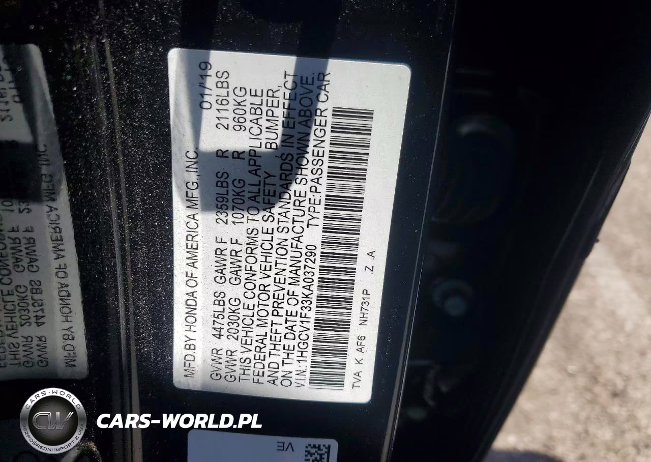 2019 Honda Accord Sport VIN:1HGCV1F33KA037290 - 12