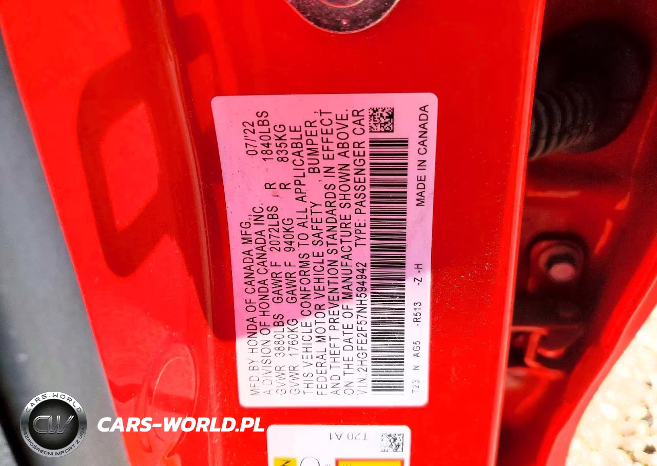 2022 Honda Civic Sport VIN:2HGFE2F57NH594942 - 13