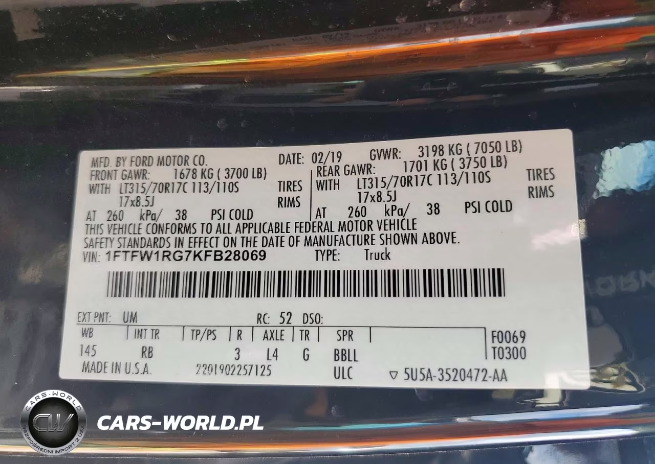 2019 Ford F150 Raptor VIN:1FTFW1RG7KFB28069 - 12
