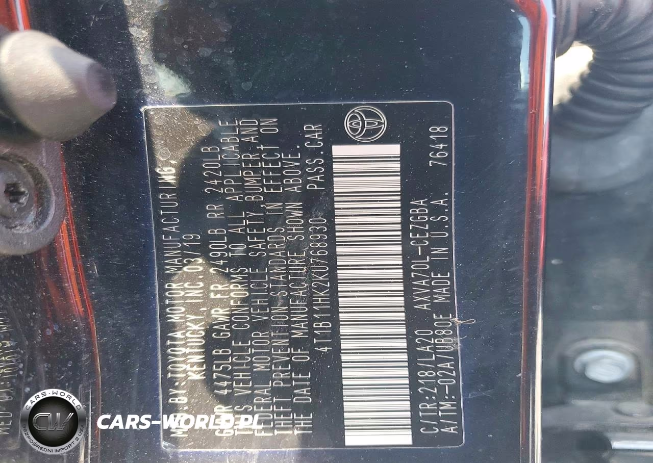 2019 Toyota Camry Xle VIN:4T1B11HK2KU768930 - 12