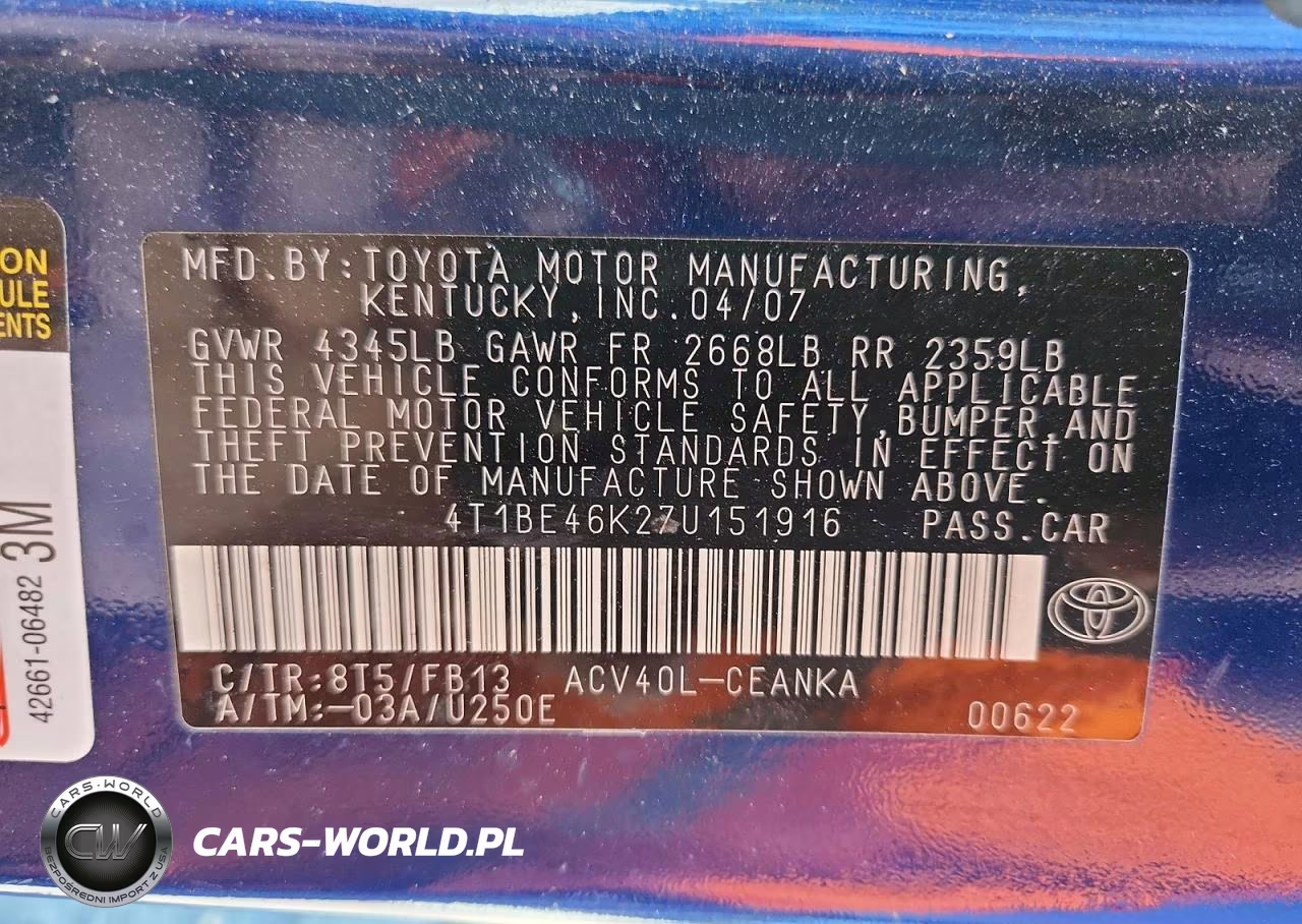 2007 Toyota Camry Le VIN:4T1BE46K27U151916 - 12