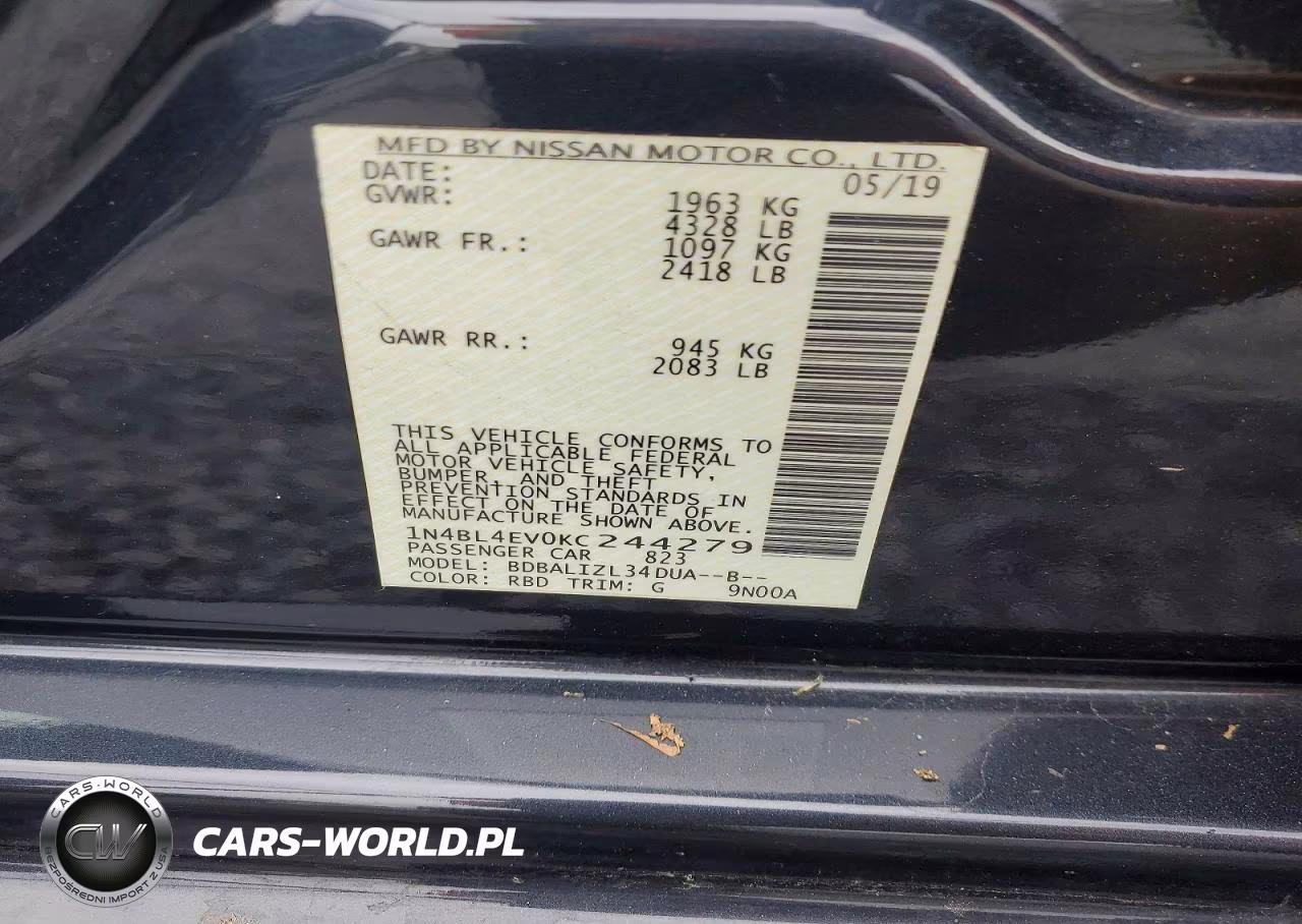 2019 Nissan Altima Sl VIN:1N4BL4EV0KC244279 - 12