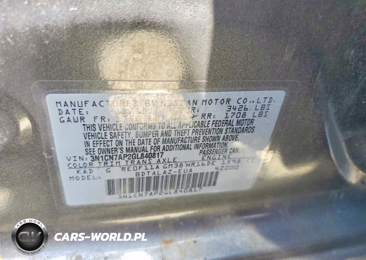2016 Nissan Versa 1.6 S Plus VIN:3N1CN7AP2GL840817 - 12