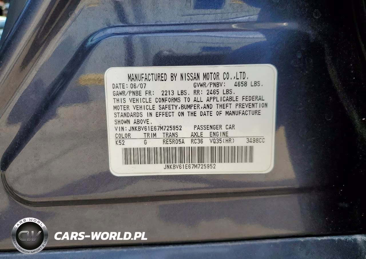 2007 Infiniti G35 Base VIN:JNKBV61E67M725952 - 12