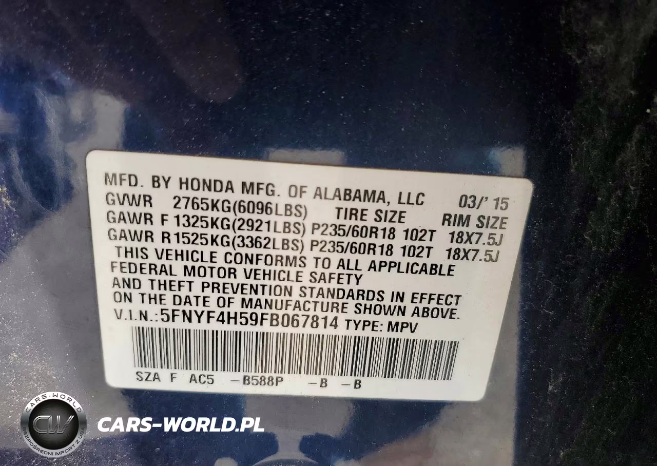 2015 Honda Pilot Exl VIN:5FNYF4H59FB067814 - 13