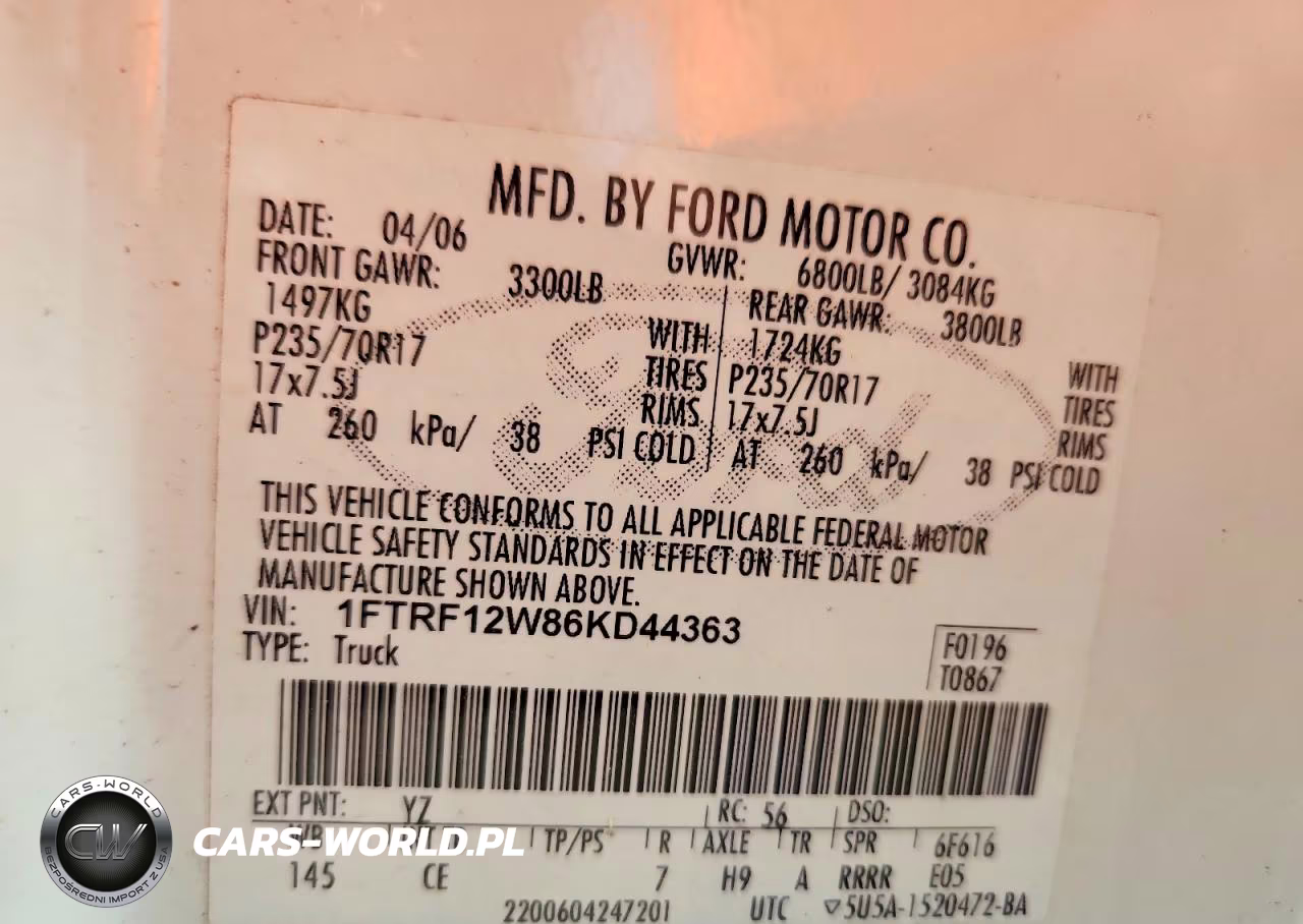 2006 Ford F150 VIN:1FTRF12W86KD44363 - 12