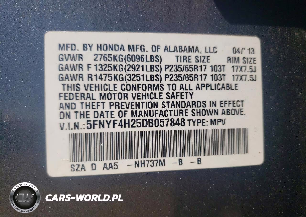 2013 Honda Pilot Lx VIN:5FNYF4H25DB057848 - 13