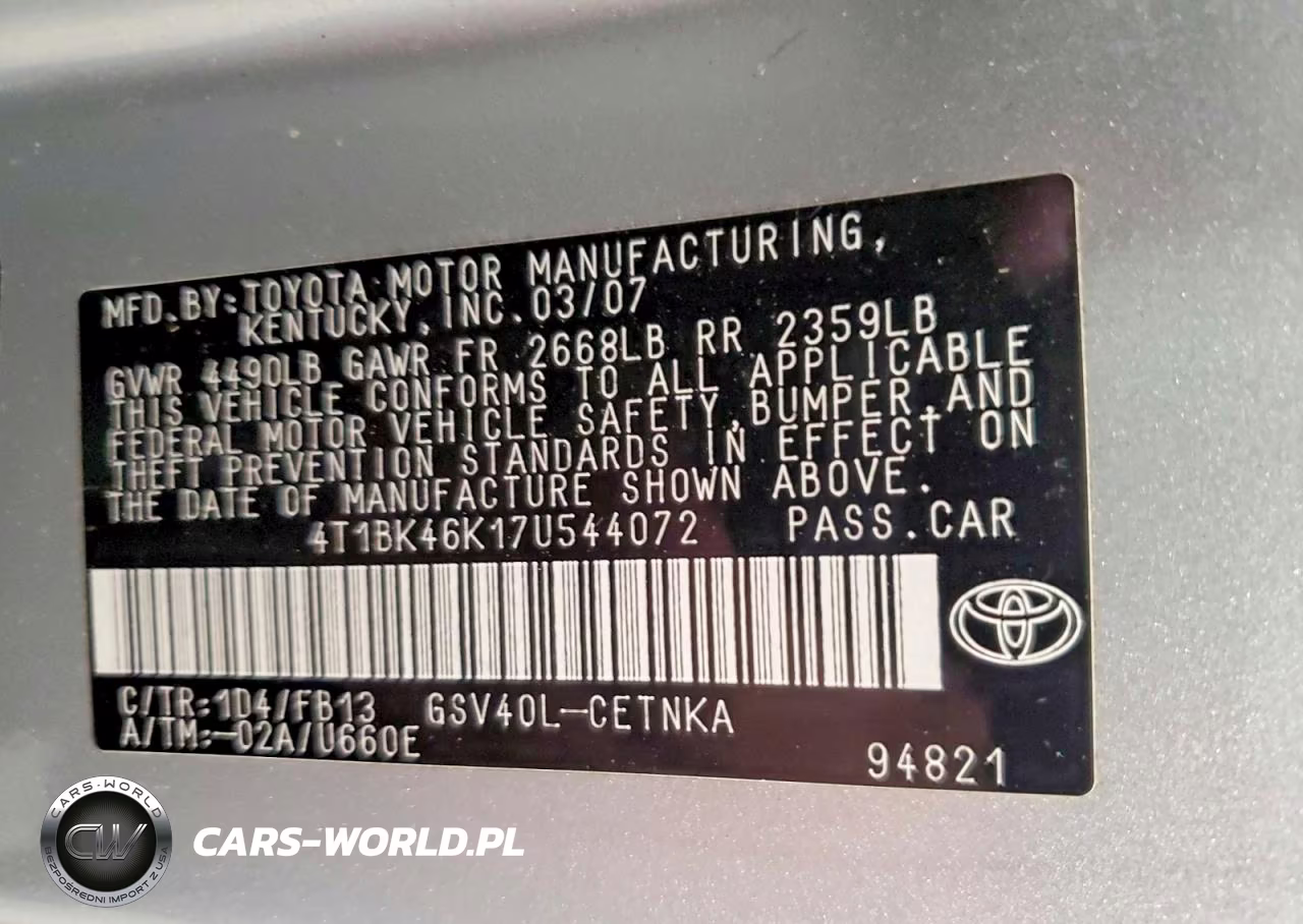 2007 Toyota Camry Le V6 VIN:4T1BK46K17U544072 - 13