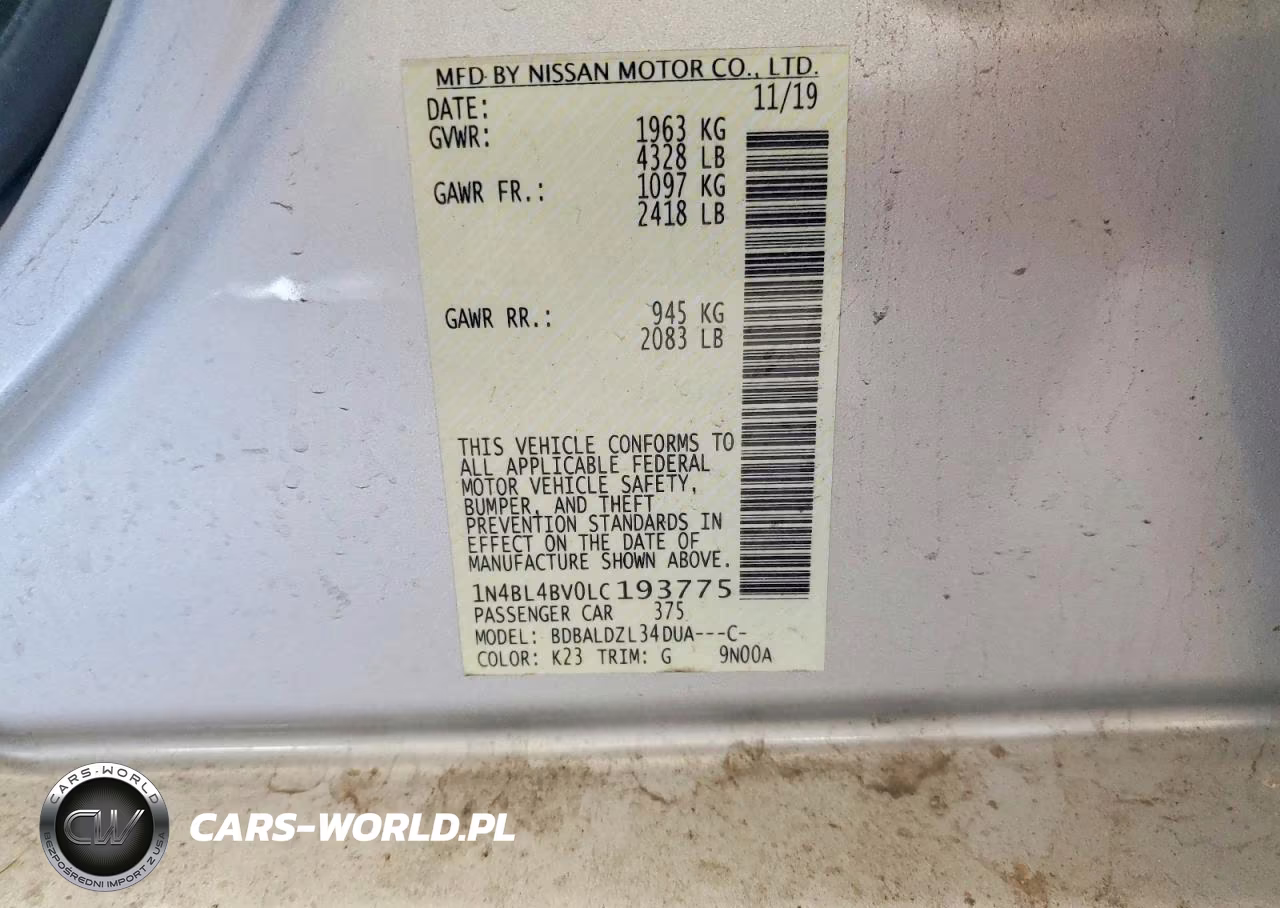 2020 Nissan Altima S VIN:1N4BL4BV0LC193775 - 12