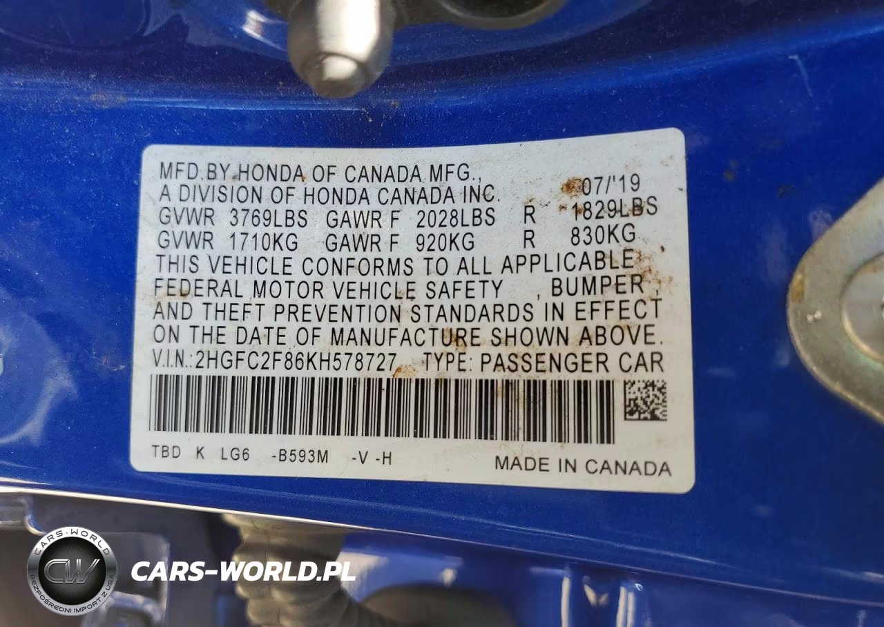 2019 Honda Civic Sport VIN:2HGFC2F86KH578727 - 12