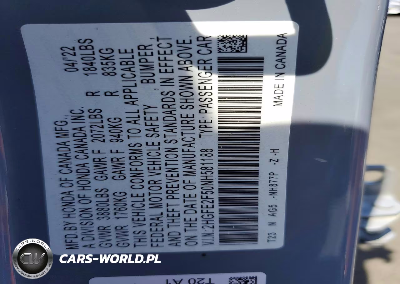 2022 Honda Civic Sport VIN:2HGFE2F50NH581188 - 12