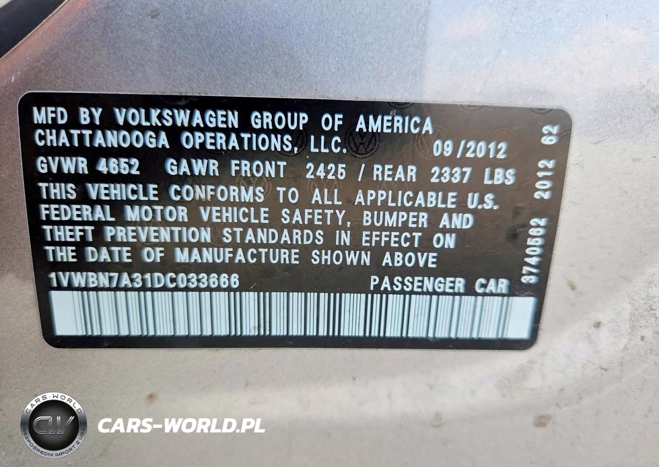 2013 Volkswagen Passat Se VIN:1VWBN7A31DC033666 - 12