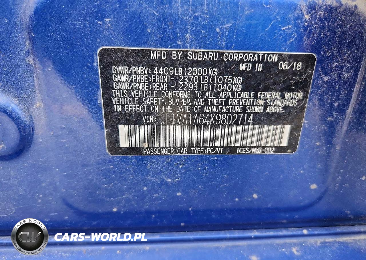 2019 Subaru Wrx VIN:JF1VA1A64K9802714 - 12