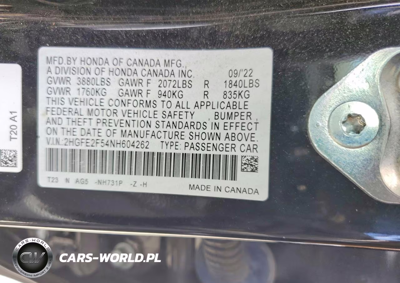 2022 Honda Civic Sport VIN:2HGFE2F54NH604262 - 12
