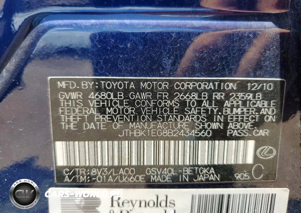 2011 Lexus Es 350 VIN:JTHBK1EG8B2434560 - 12