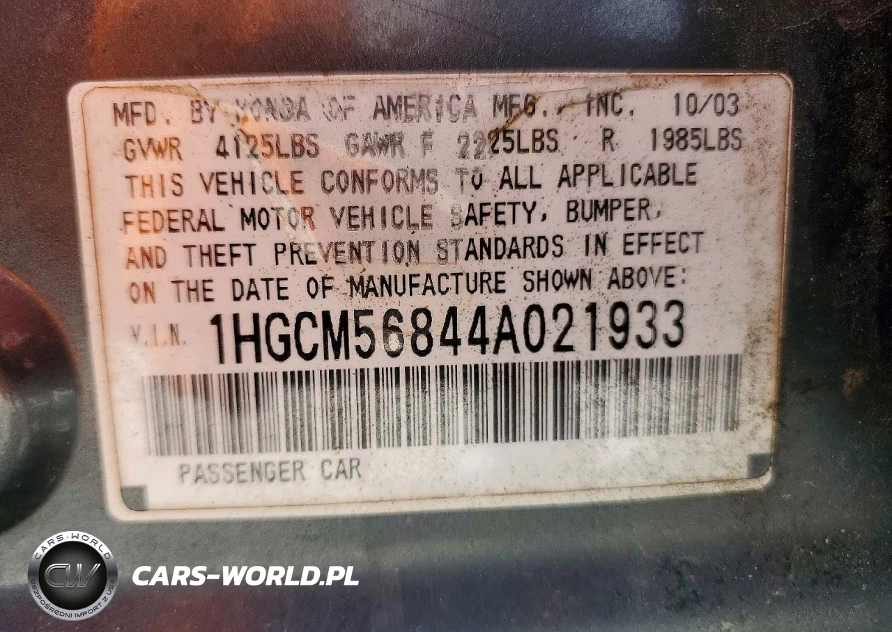 2004 Honda Accord Ex VIN:1HGCM56844A021933 - 12